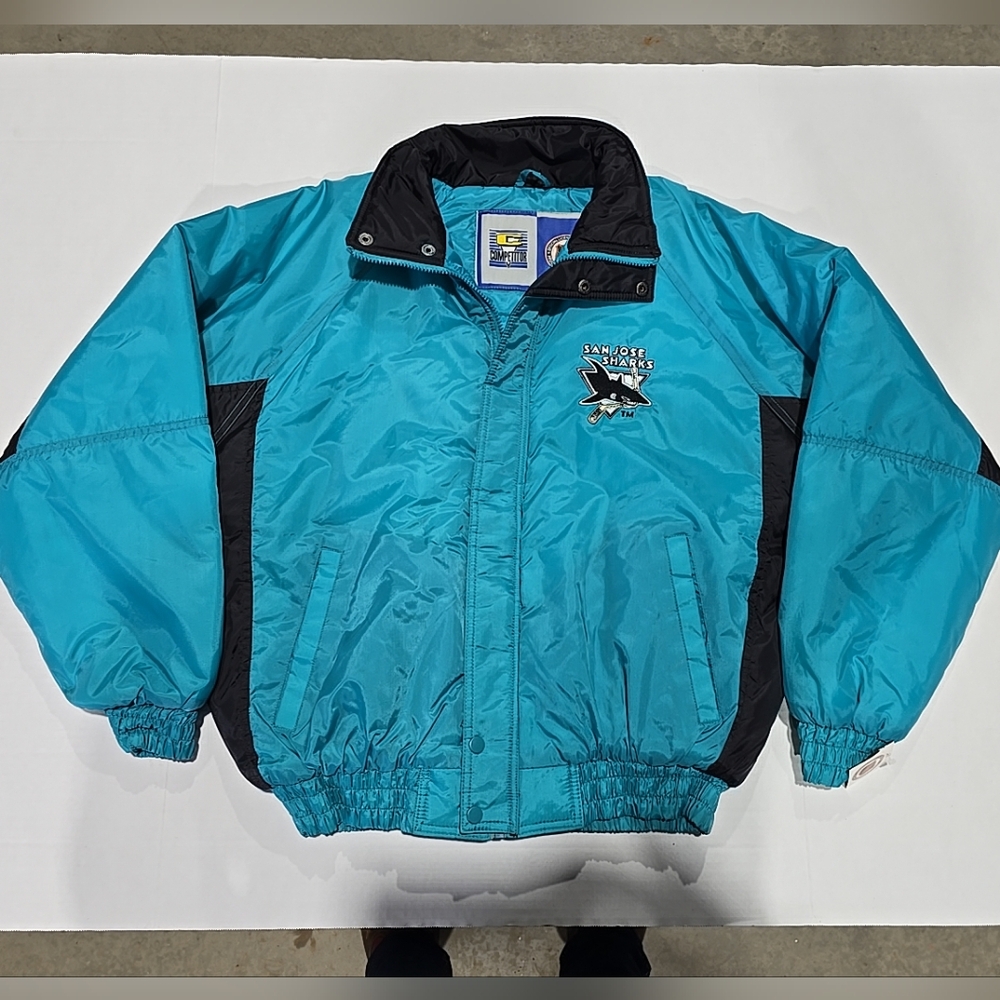 Vintage San Jose Sharks 90s Full Zip Bomber Jacket Large Puffer Hockey Blue NWT